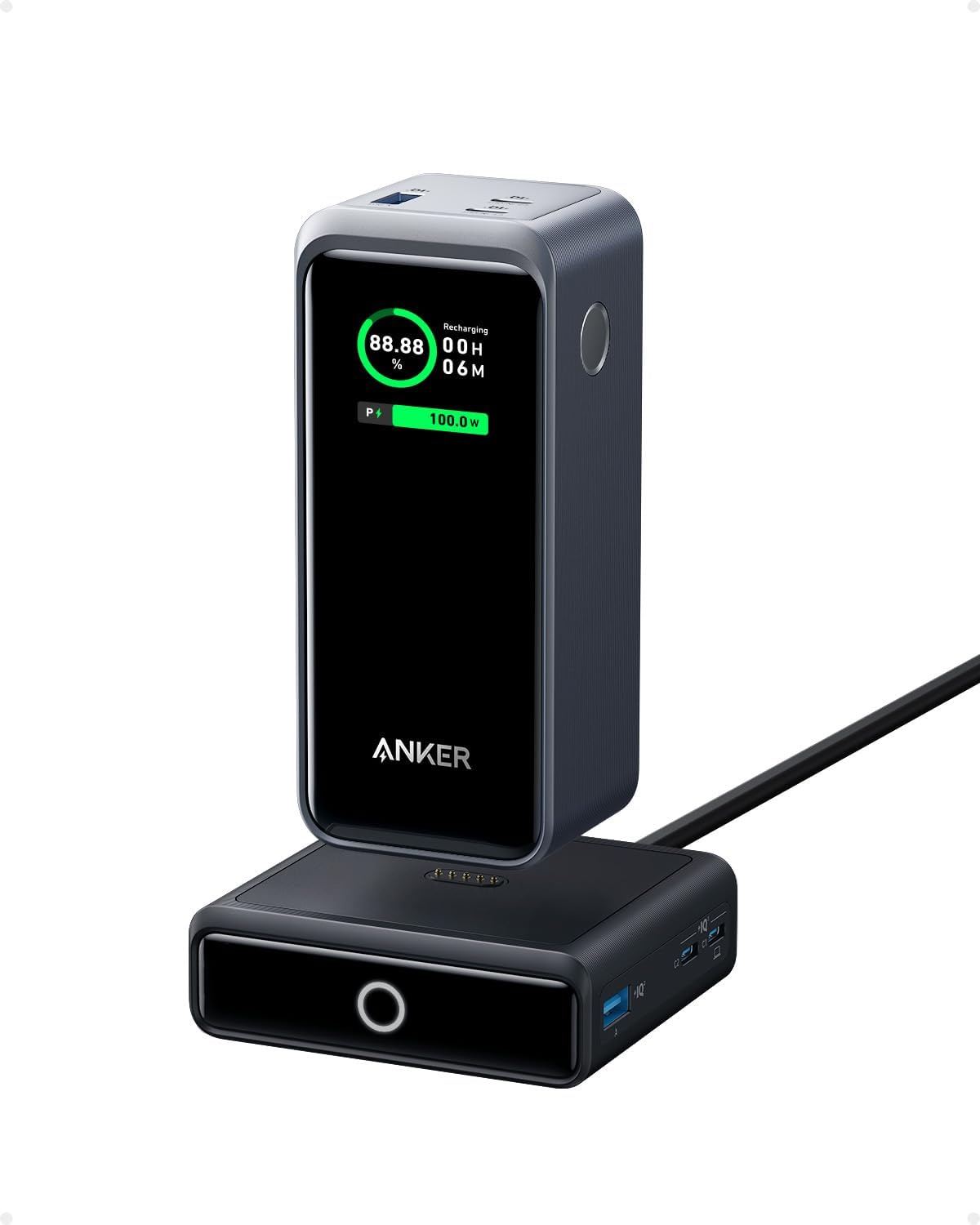 Anker Prime Power Bank 200W, 20,000mAh Portable Charger 3-Port with 100W Charging Base, Smart Digital Display