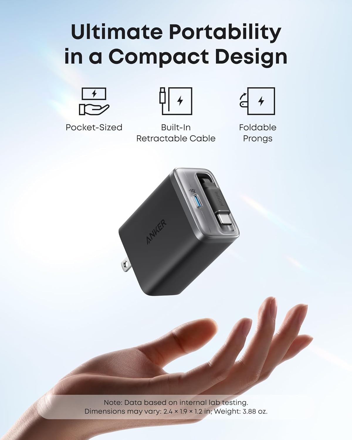 Anker Nano USB-C Charger Block, 35W Max 2-Port Compact Charger with Durable Built-in Anker InstaCord Retractable Cable