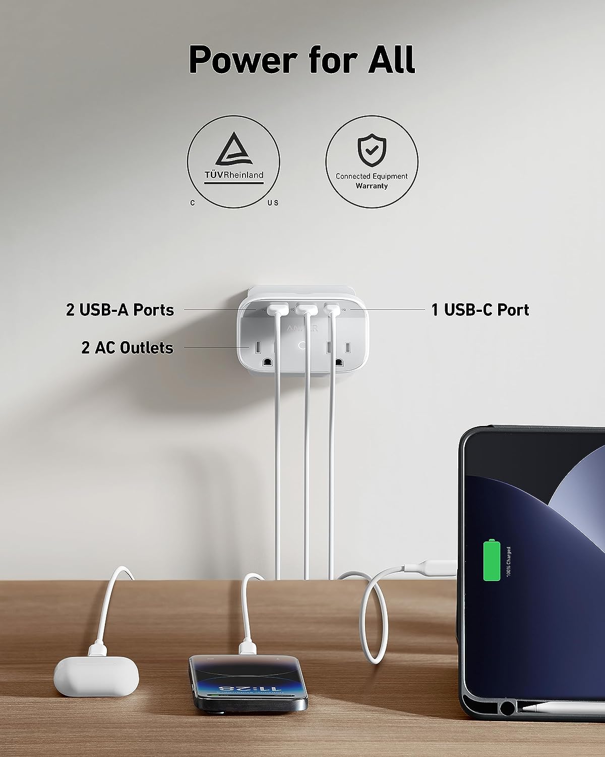 Anker Portable Outlet Extender with Foldable Plug, 5 Multi-Plug Outlet, High-Speed 30W USB C Power Delivery