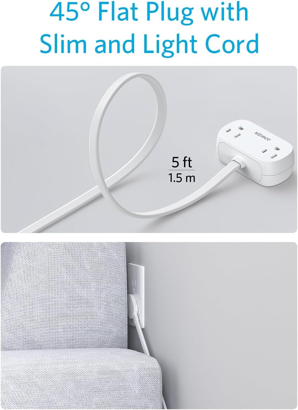 Anker USB Power Strip, Small Power Strip with 2 Outlets and 2 USB Charger, 5 ft Thin Cord and Flat Plug