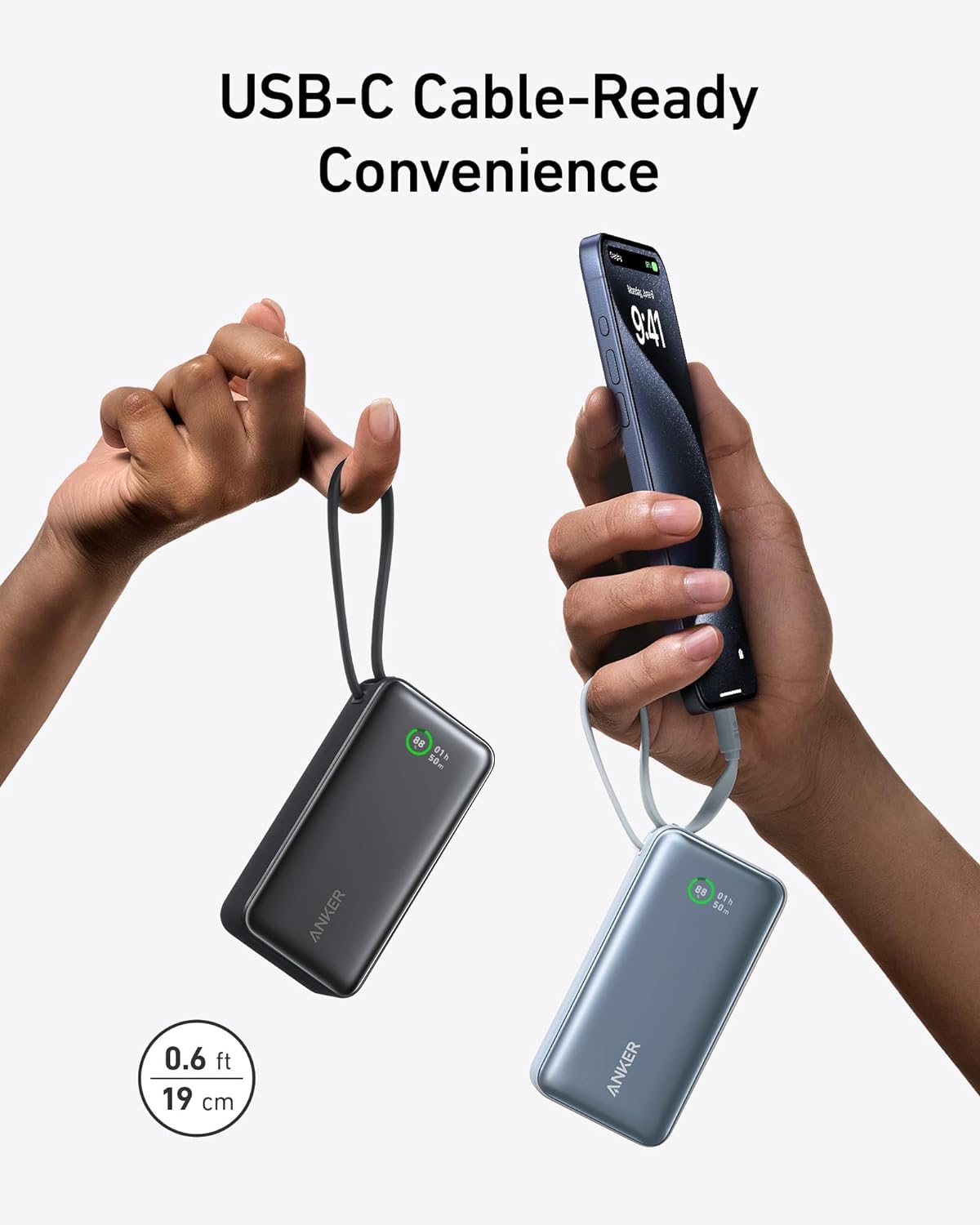 Anker Nano Power Bank, 10,000mAh Portable Charger with Built-in USB-C Cable, PD 30W Max Output with 1 USB-C, 1 USB-A