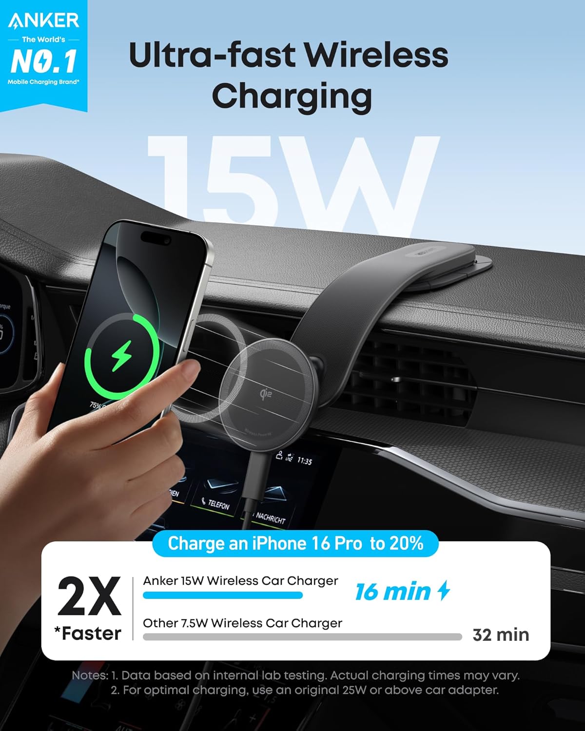 Anker Nano Magnetic Wireless Car Charger (360° Adjustable, 15W)