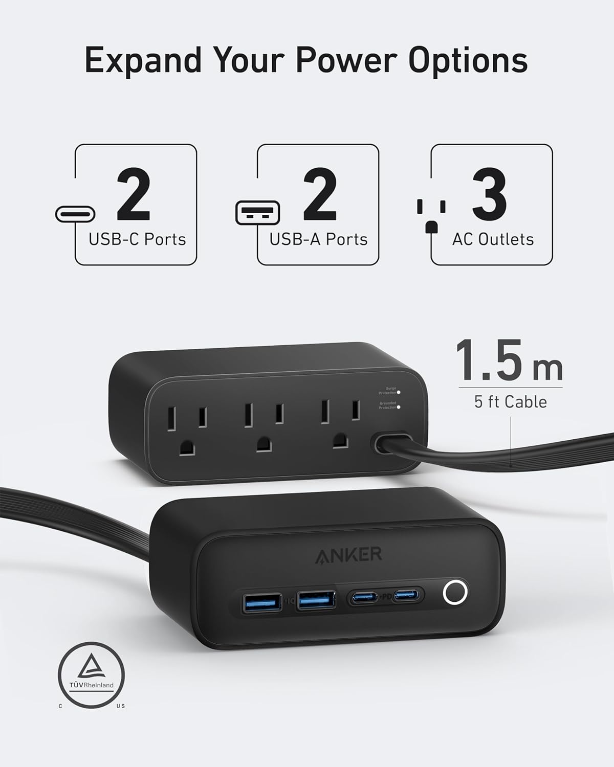 Anker 525 Charging Station, 7-in-1 USB C Power Strip for iPhone 15/14, 5 ft Thin Cord and Flat Plug