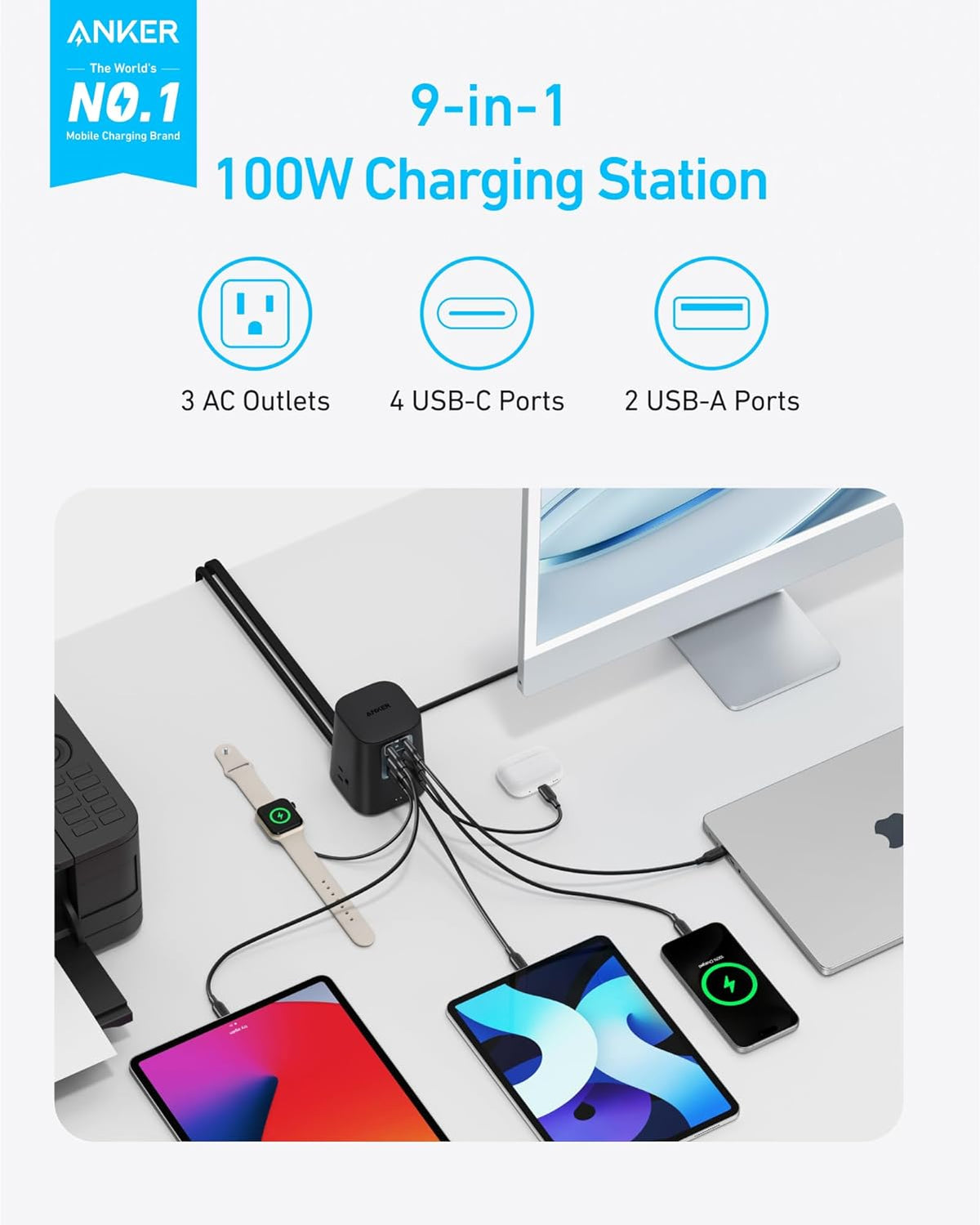 Anker Charging Station(100W), 9-in-1 USB C Power Strip