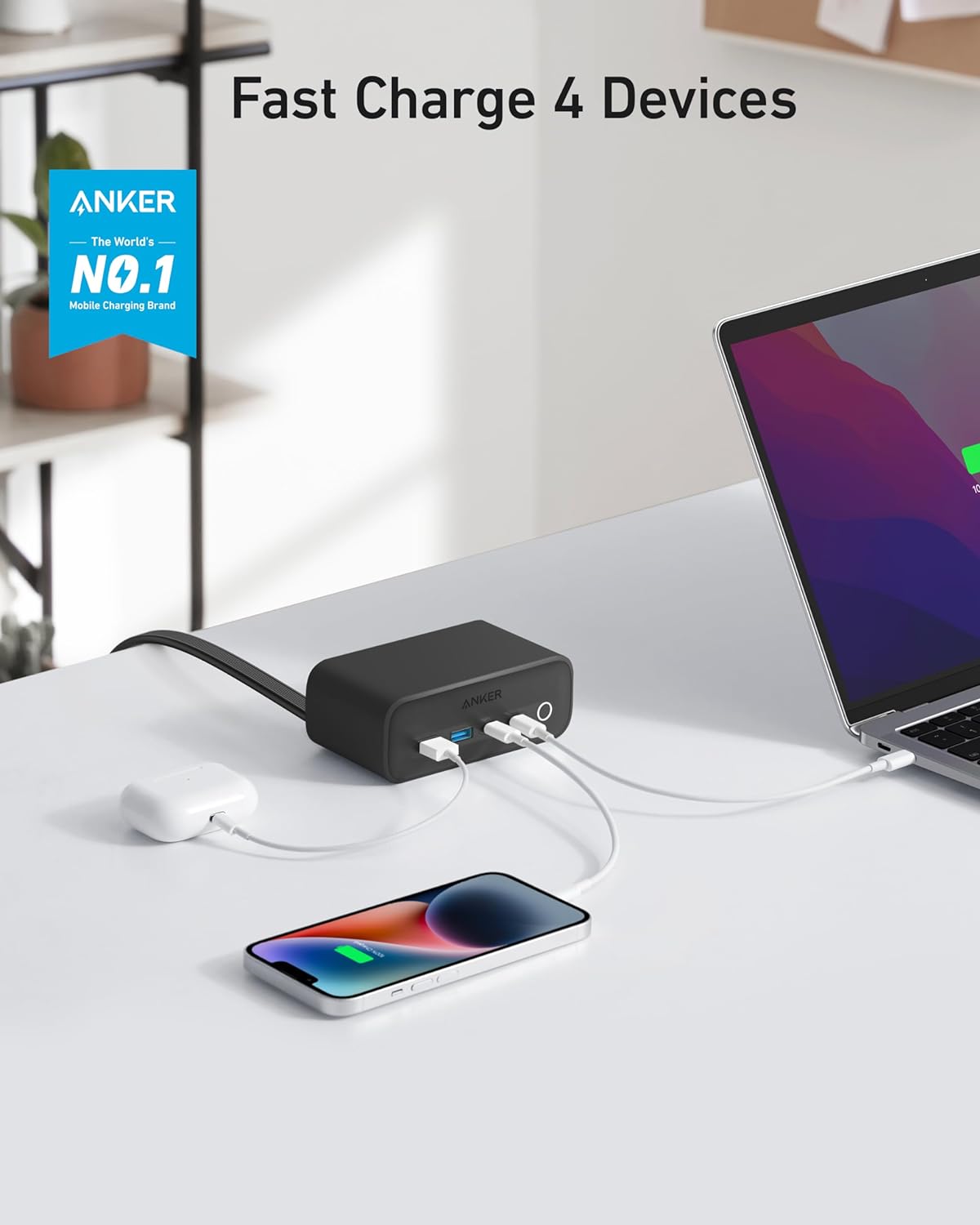 Anker 525 Charging Station, 7-in-1 USB C Power Strip for iPhone 15/14, 5 ft Thin Cord and Flat Plug