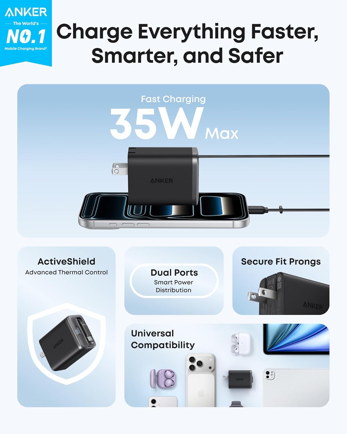 Anker Nano USB-C Charger Block, 35W Max 2-Port Compact Charger with Durable Built-in Anker InstaCord Retractable Cable