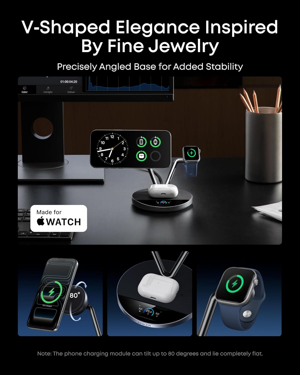 Anker Prime MagSafe Charger Compatible, 3-in-1 Charging Station, Qi2 25W Certified Wireless Charger Dock Stand, Smart Display with TEC Active Cooling, for iPhone 17, Apple Watch, AirPods, and More