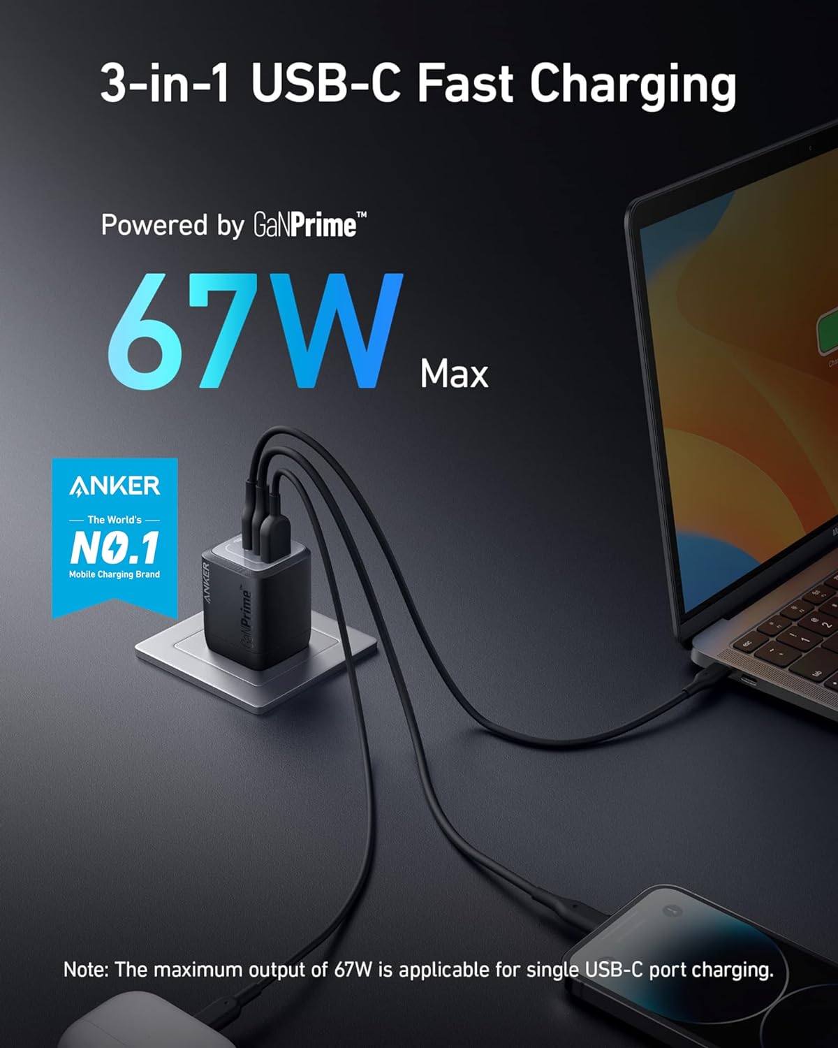 Anker Prime 67W USB C Charger, Anker GaN 3-Port Compact Fast PPS Wall Charger
