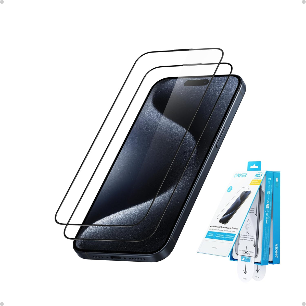 Anker Easy Fit Screen Protector Kit (HD, 2-Pack) ,For iPhone 16/15 Series