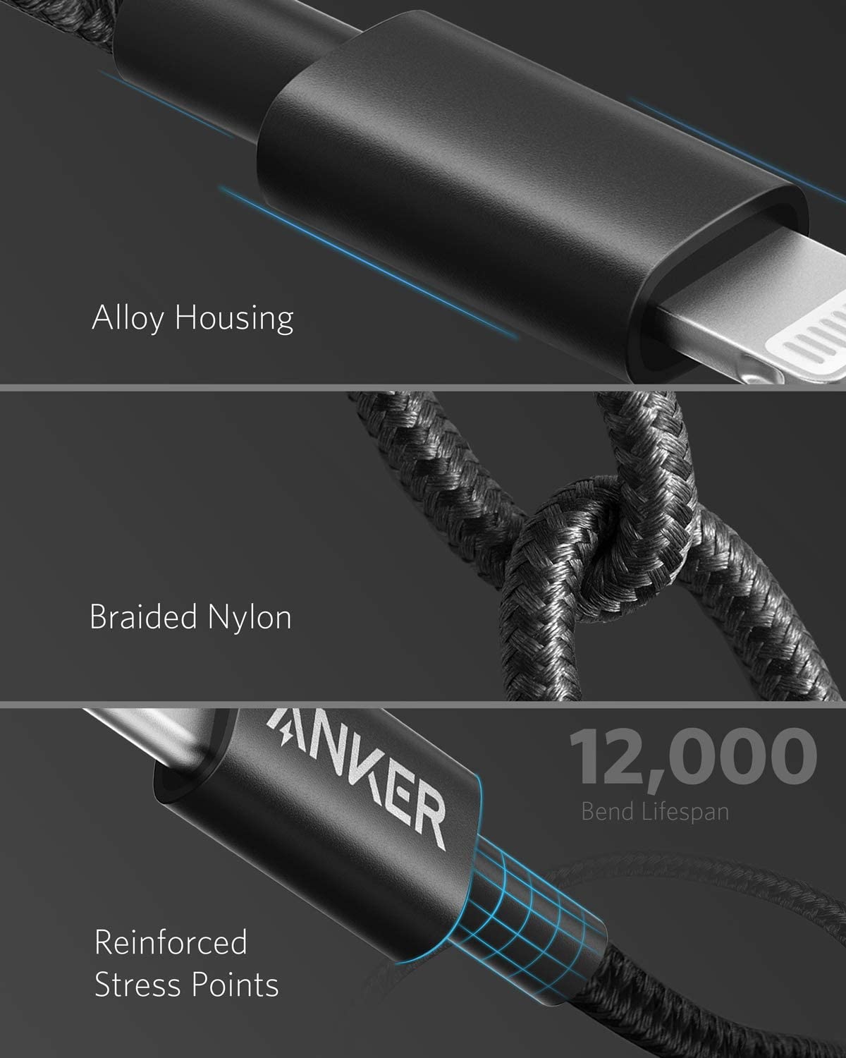 Anker Nylon USB-C to Lightning Charging Cable, Black/Silver/Red, 3.3ft/6ft