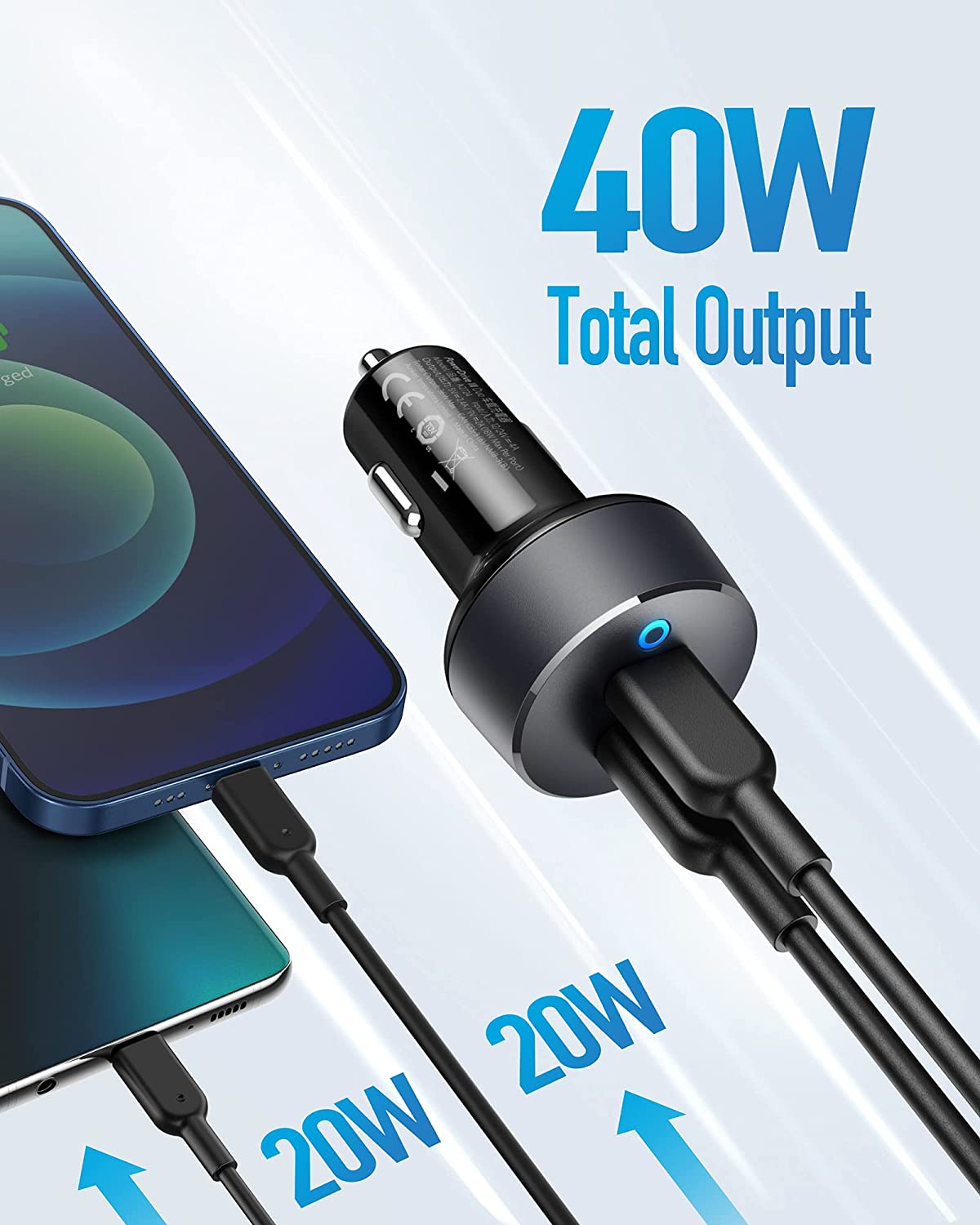 Anker USB C Car Charger, 40W 2-Port PowerIQ 3.0 Type C Car Adapter, PowerDrive III Duo with Power Delivery